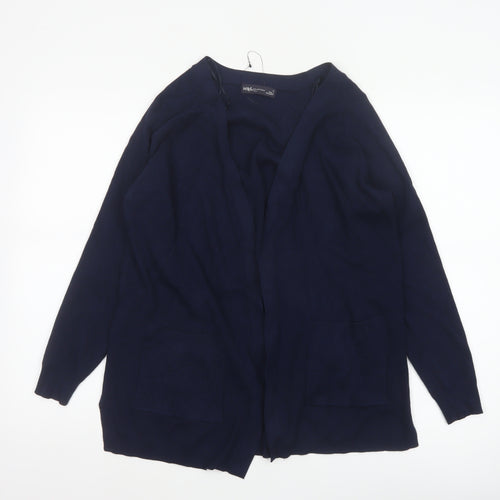 Marks and Spencer Women Blue M Open Knit V-Neck Pocket Cardigan