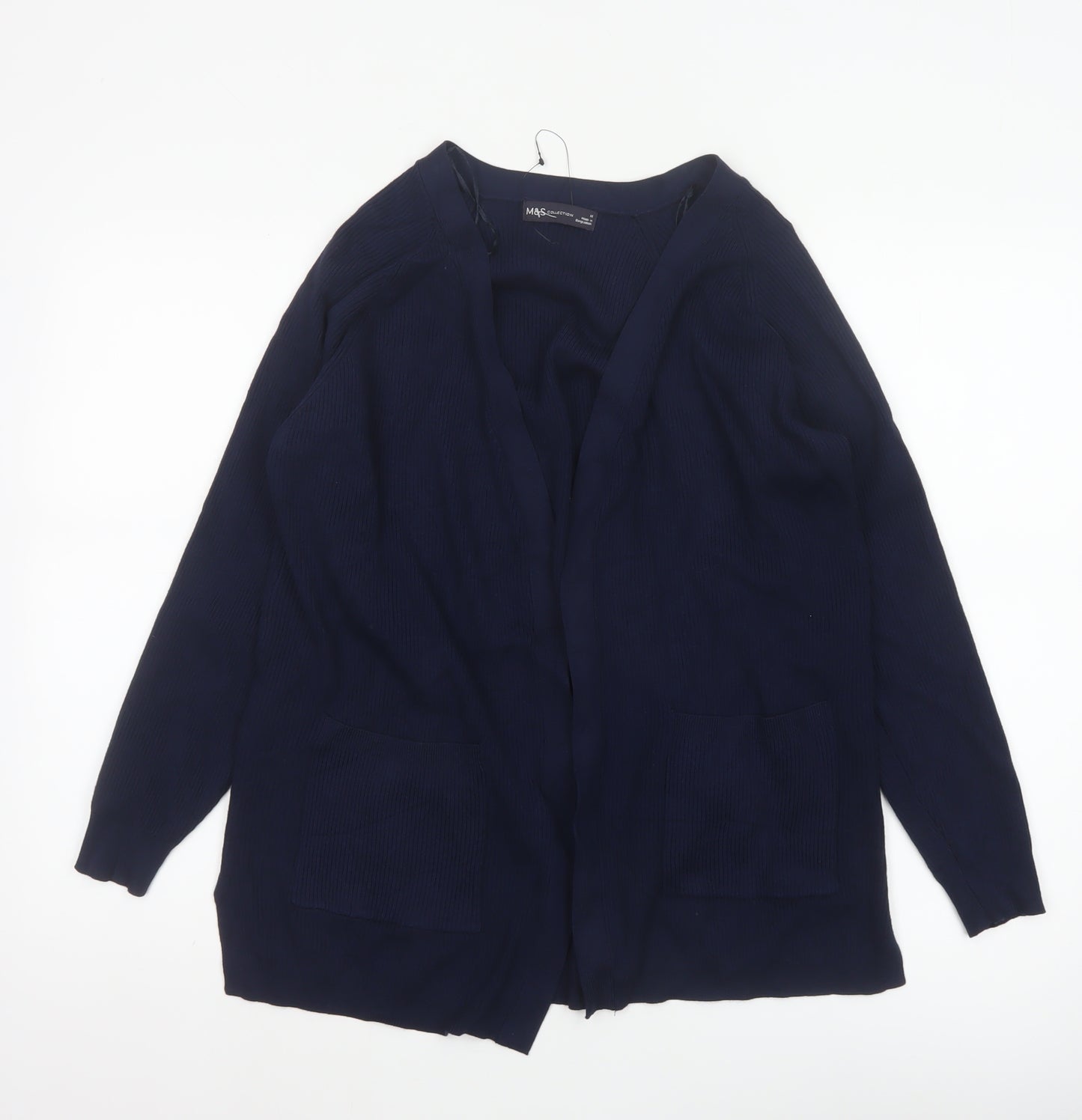 Marks and Spencer Women Blue M Open Knit V-Neck Pocket Cardigan