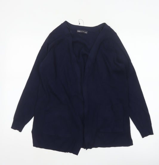 Marks and Spencer Women Blue M Open Knit V-Neck Pocket Cardigan