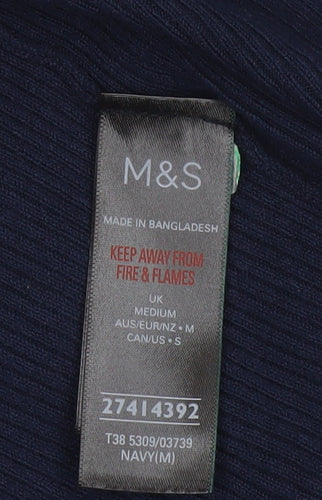 Marks and Spencer Women Blue M Open Knit V-Neck Pocket Cardigan