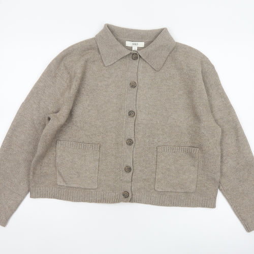 Marks and Spencer Women Beige L Collared Button Knit Cardigan Pockets