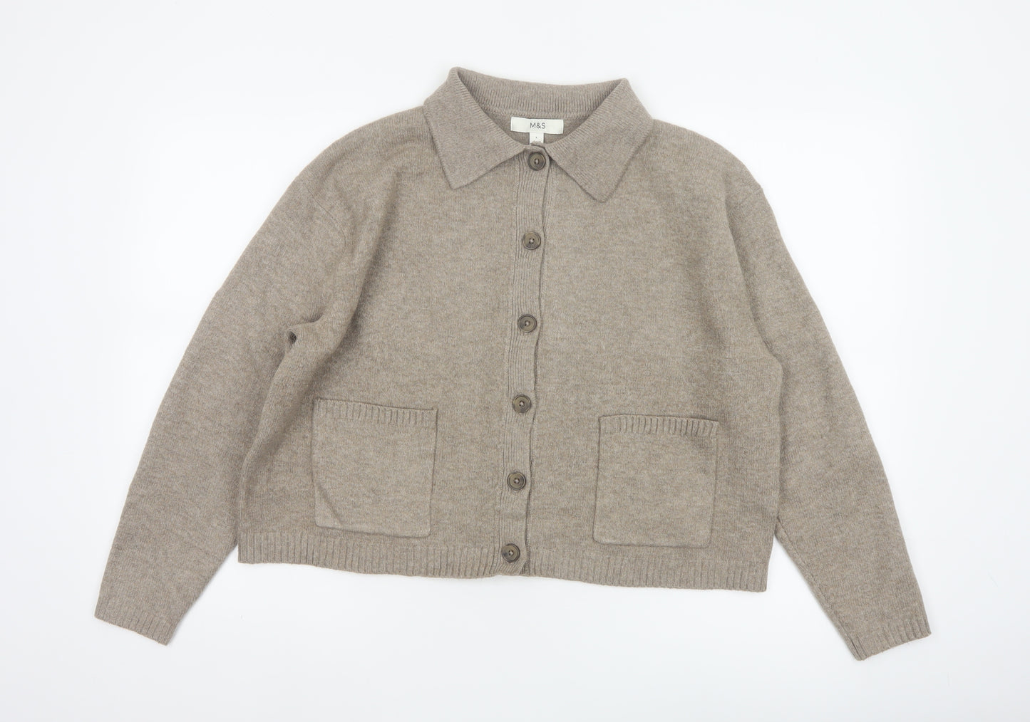 Marks and Spencer Women Beige L Collared Button Knit Cardigan Pockets