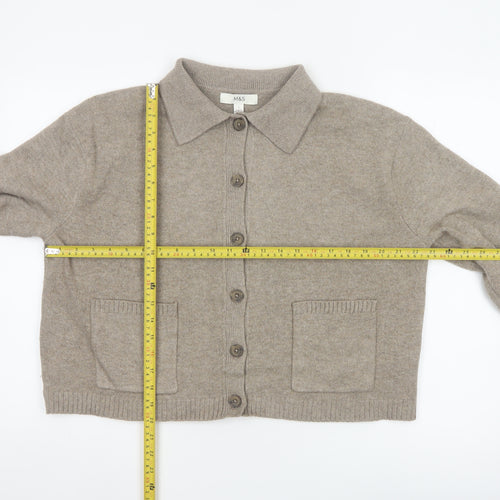 Marks and Spencer Women Beige L Collared Button Knit Cardigan Pockets