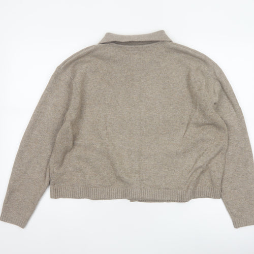 Marks and Spencer Women Beige L Collared Button Knit Cardigan Pockets