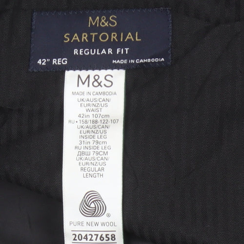 Marks and Spencer Men Black 42 Regular Wool Dress Trousers Side Adjusters