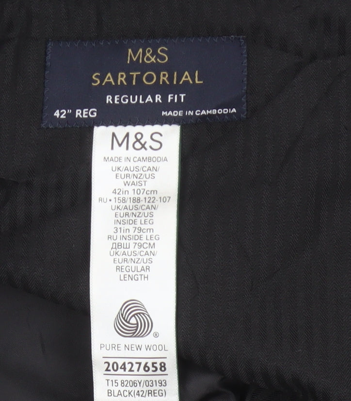 Marks and Spencer Men Black 42 Regular Wool Dress Trousers Side Adjusters