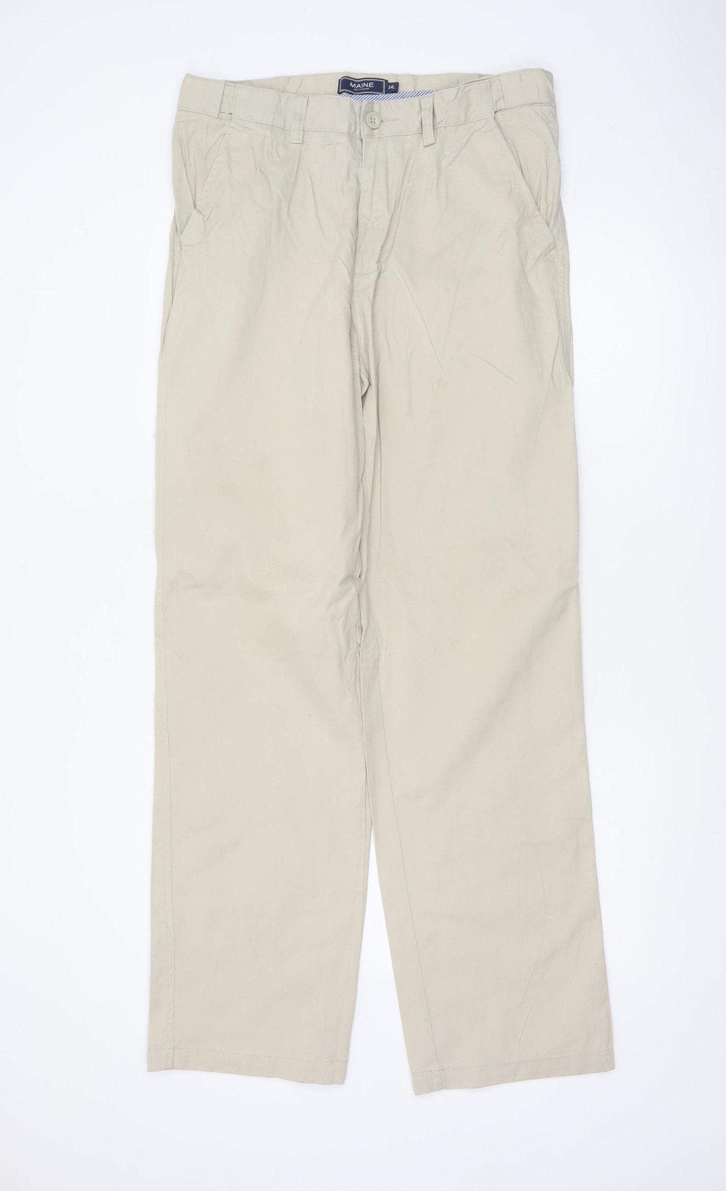 Maine New England Men’s Beige Cotton Chino Trousers 34L Straight Fit