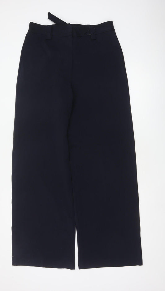 M&S Women Blue UK 12 Long Wide-Leg Belted Tailored Trousers