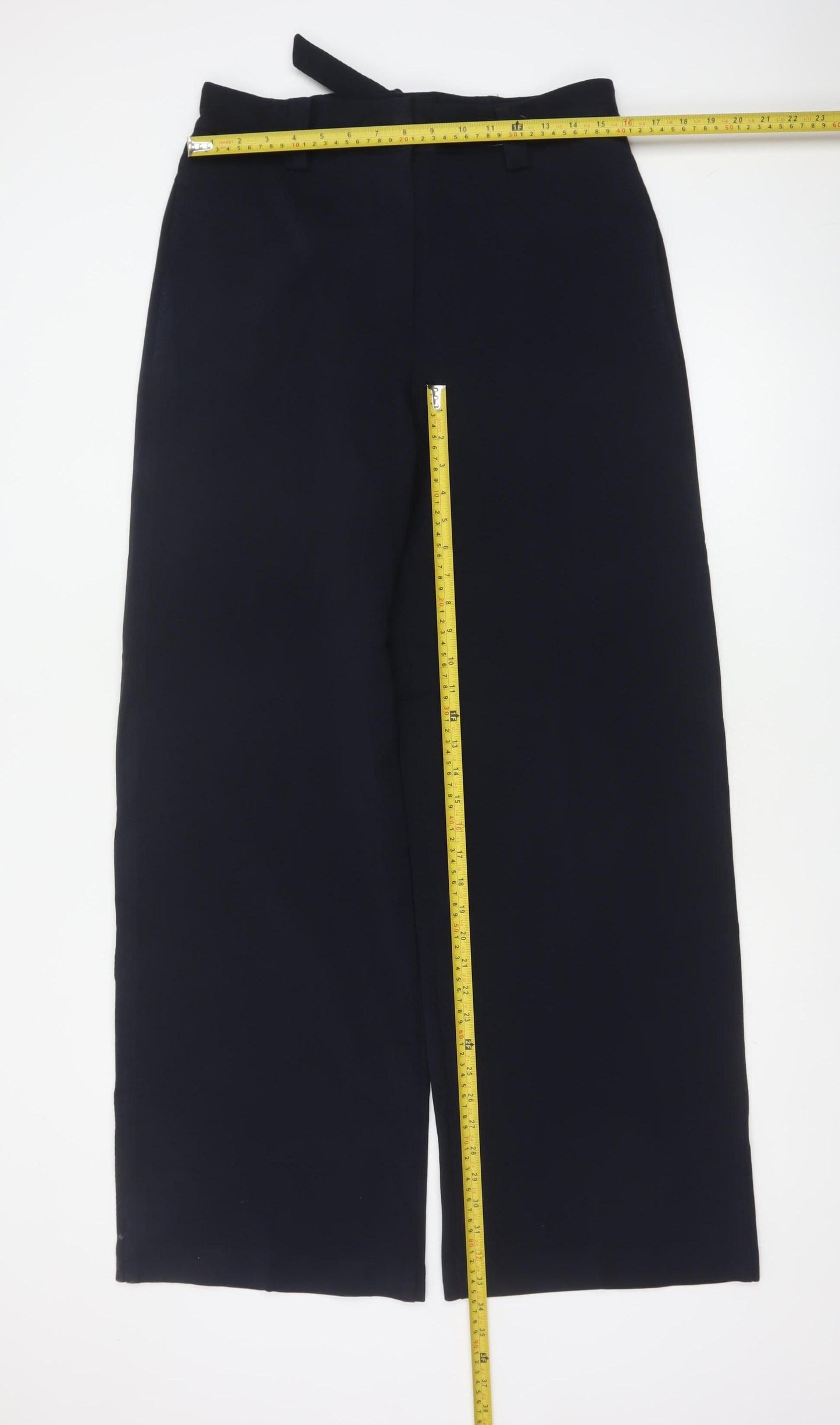 M&S Women Blue UK 12 Long Wide-Leg Belted Tailored Trousers