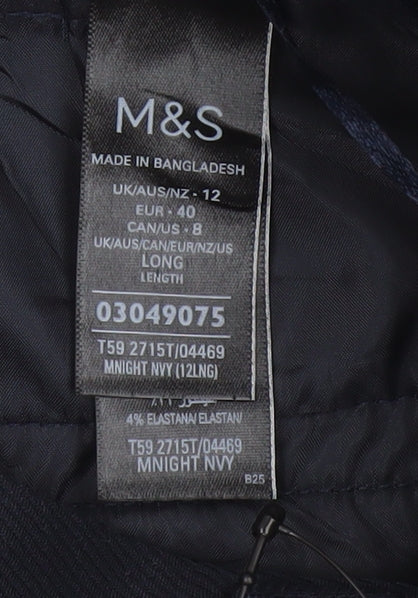 M&S Women Blue UK 12 Long Wide-Leg Belted Tailored Trousers