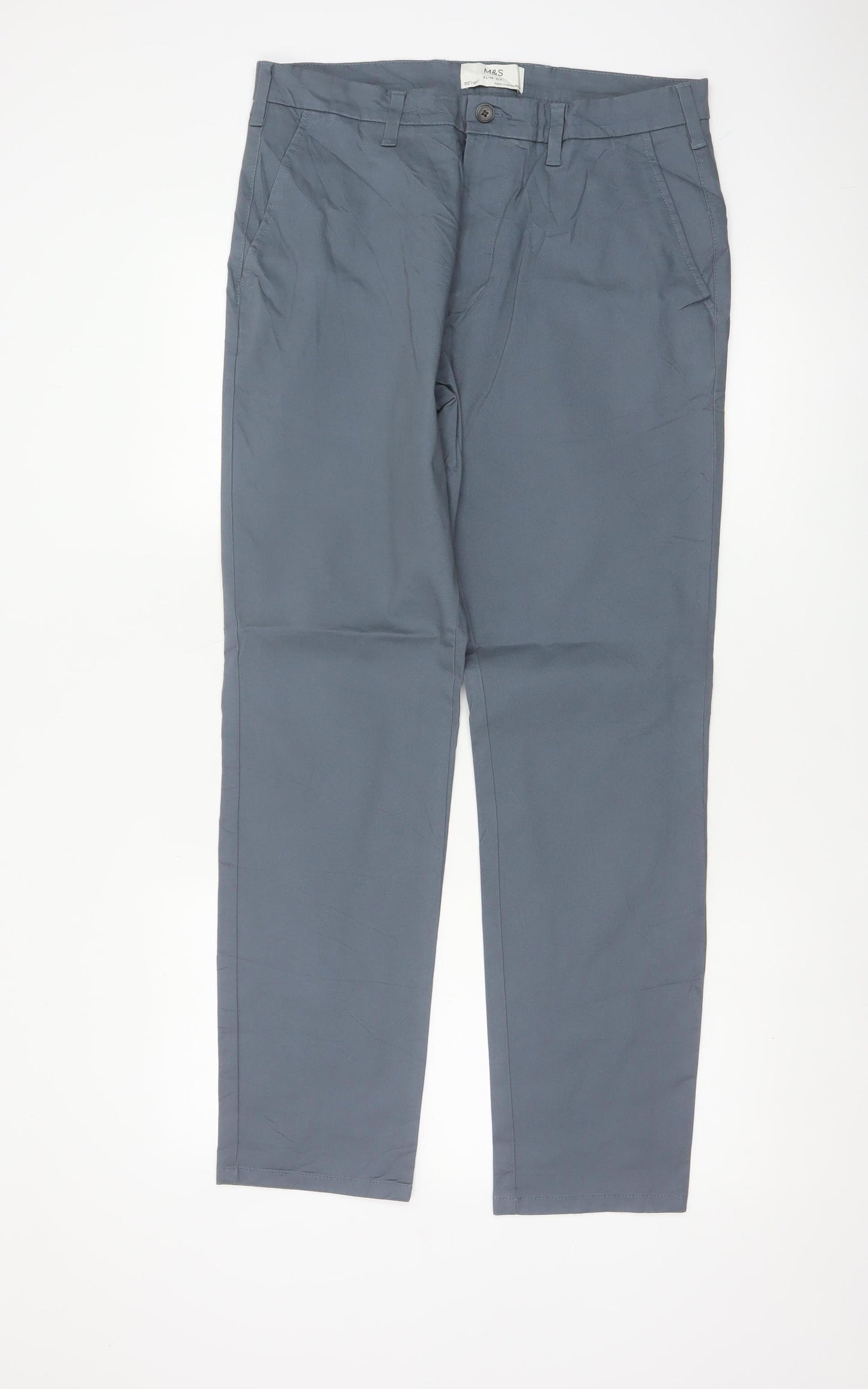Marks and Spencer Men Grey Slim Fit Chino Trousers 32/31 Cotton Stretch