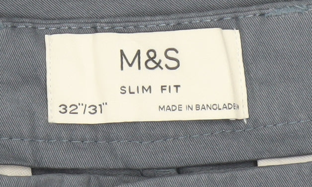 Marks and Spencer Men Grey Slim Fit Chino Trousers 32/31 Cotton Stretch