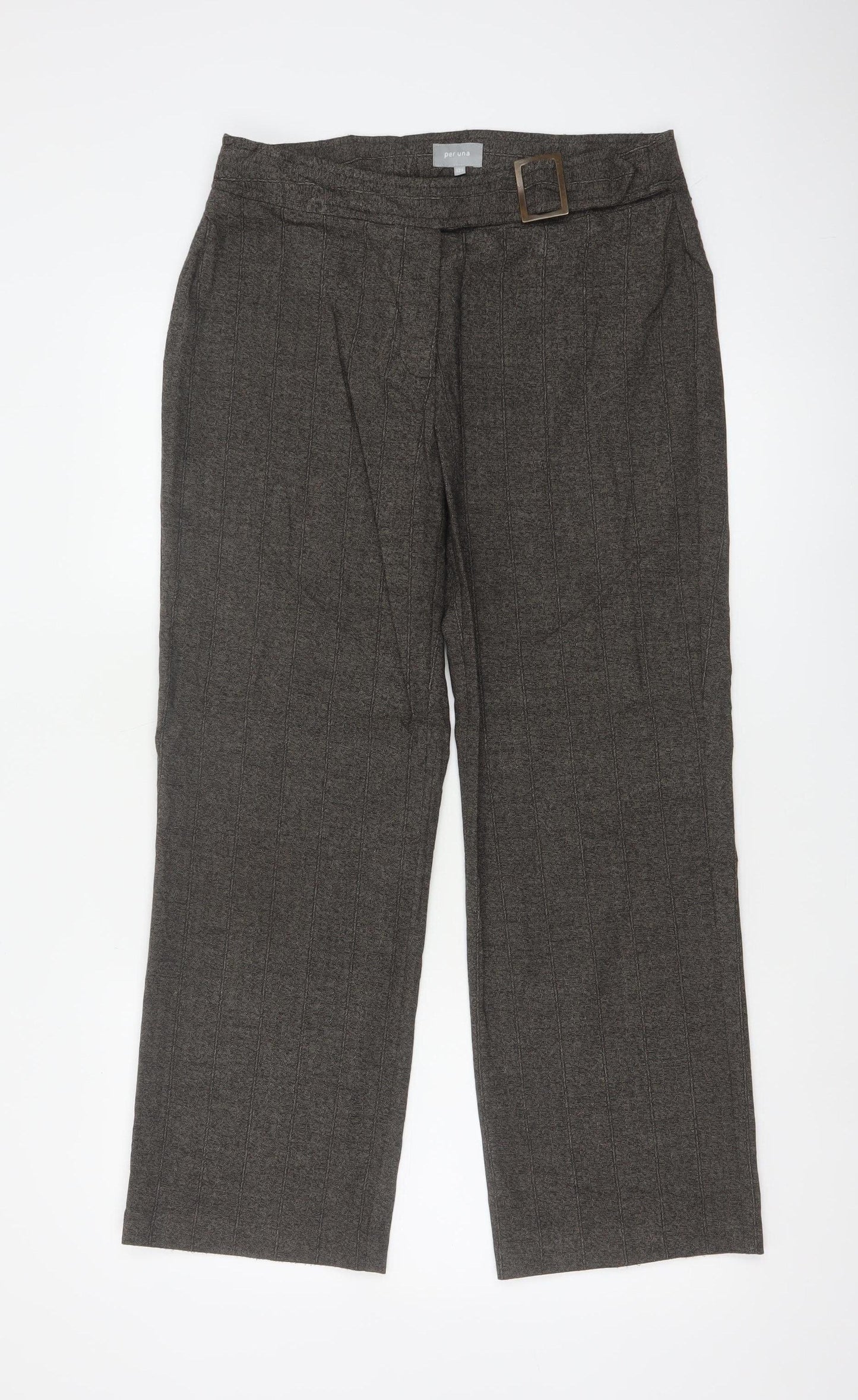 Per Una Women Grey UK 12 Straight Leg Belted Herringbone Trousers