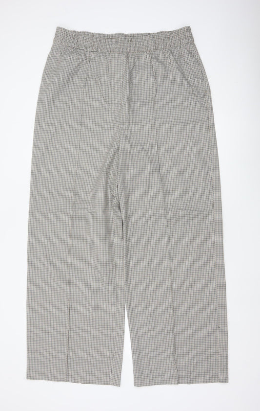 M&S Women Beige Check Wide Leg Elastic Waist Trousers UK 18 Long