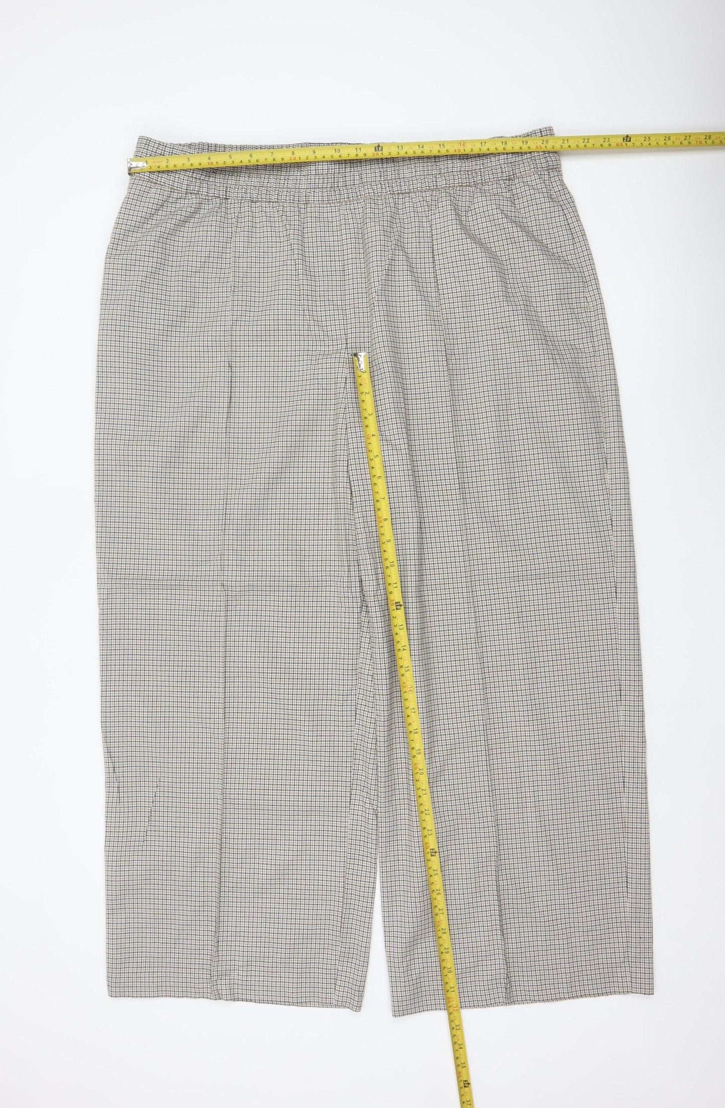 M&S Women’s Beige Check Wide-Leg Trousers UK 22 Short Stretch