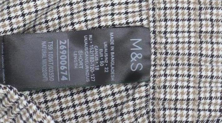 M&S Women’s Beige Check Wide-Leg Trousers UK 22 Short Stretch