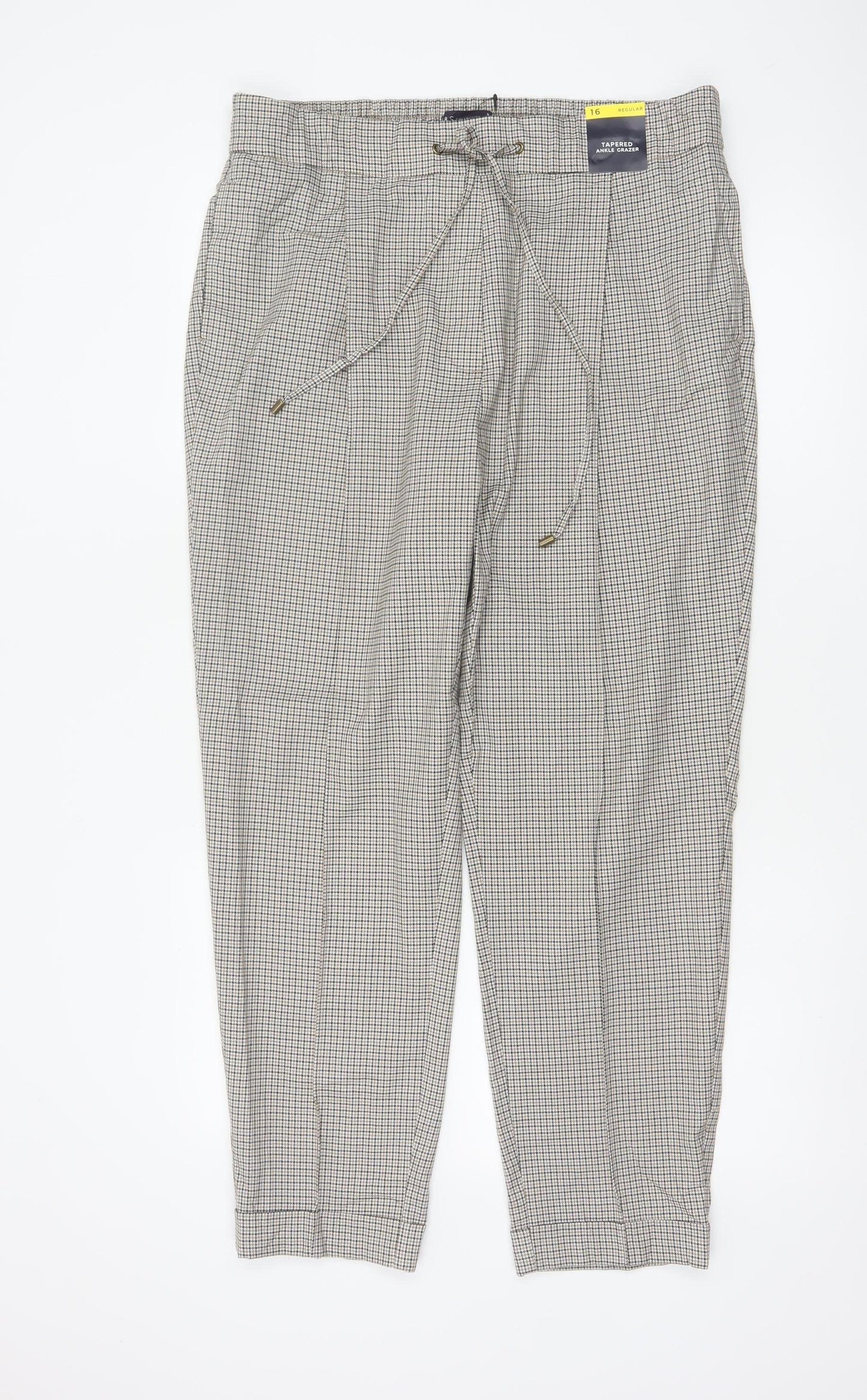 Marks & Spencer Women Beige Check Tapered Ankle Grazer Trousers UK 16