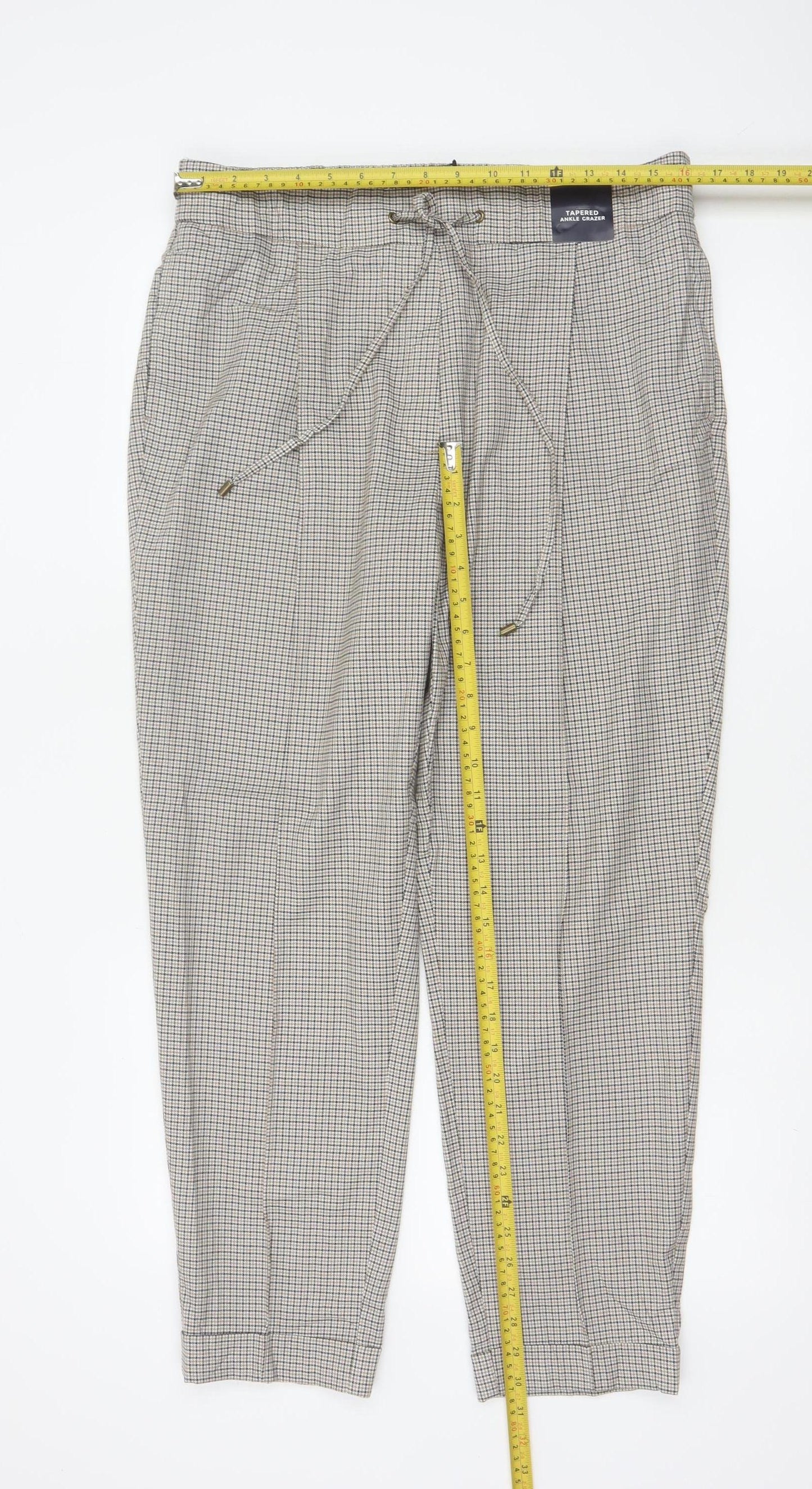 Marks & Spencer Women Beige Check Tapered Ankle Grazer Trousers UK 16