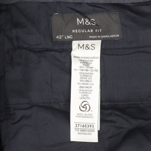 Marks and Spencer Men’s Navy 42in Long Regular Fit Wool Dress Trousers