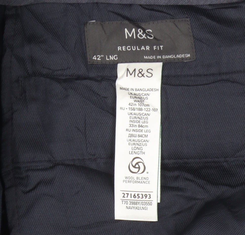 Marks and Spencer Men’s Navy 42in Long Regular Fit Wool Dress Trousers