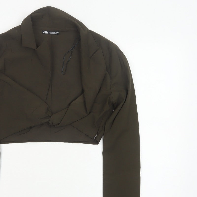 Zara Women Brown UK 12 Cropped Wrap Collared Long Sleeve Blouse