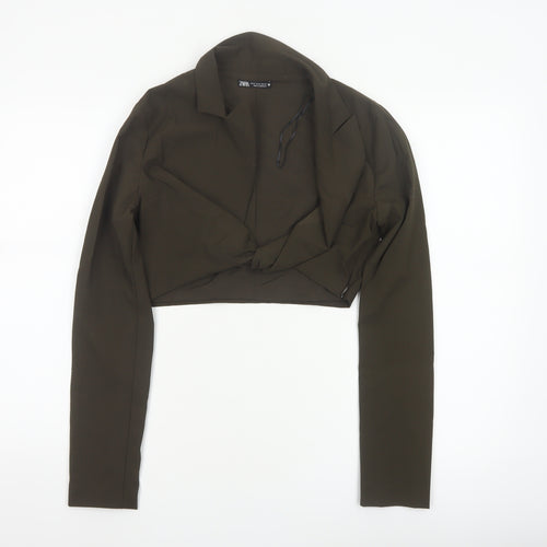 Zara Women Brown UK 12 Cropped Wrap Collared Long Sleeve Blouse