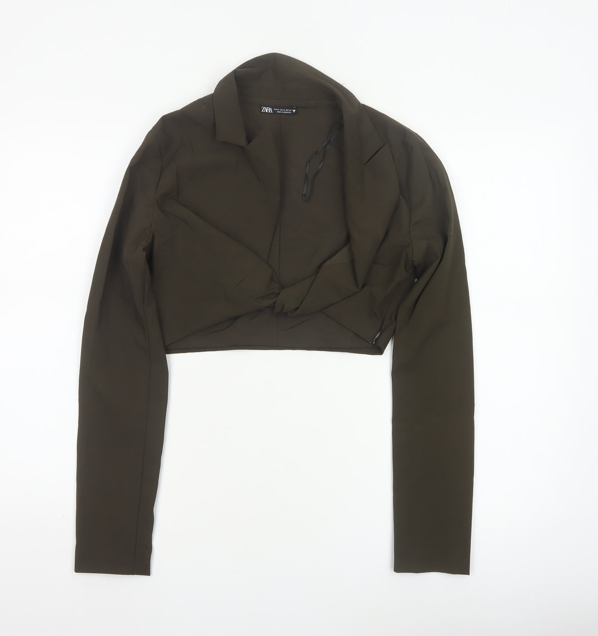 Zara Women Brown UK 12 Cropped Wrap Collared Long Sleeve Blouse
