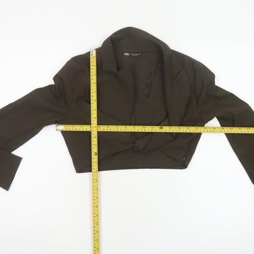 Zara Women Brown UK 12 Cropped Wrap Collared Long Sleeve Blouse