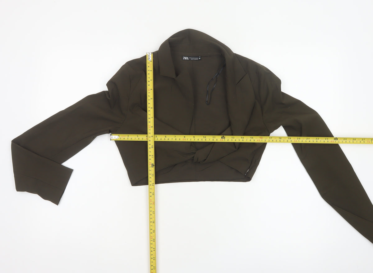 Zara Women Brown UK 12 Cropped Wrap Collared Long Sleeve Blouse