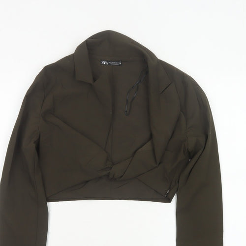 Zara Women Brown UK 12 Cropped Wrap Collared Long Sleeve Blouse