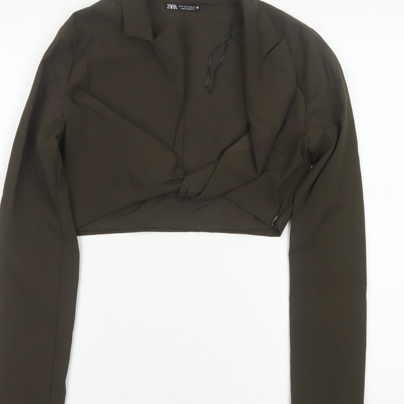 Zara Women Brown UK 12 Cropped Wrap Collared Long Sleeve Blouse