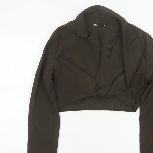 Zara Women Brown UK 12 Cropped Wrap Collared Long Sleeve Blouse