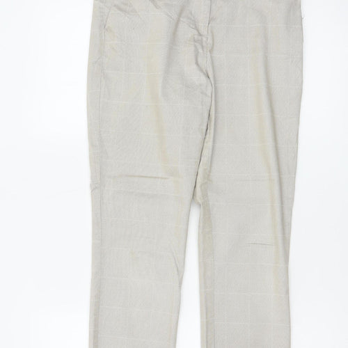 H&M Women Beige Check Slim Tapered Cotton Blend Trousers UK 10