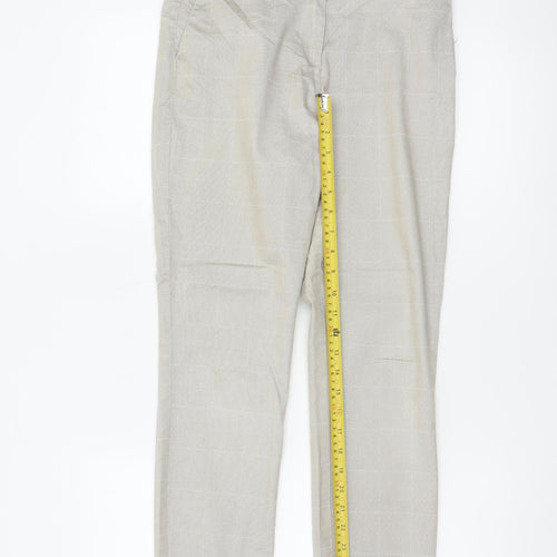 H&M Women Beige Check Slim Tapered Cotton Blend Trousers UK 10