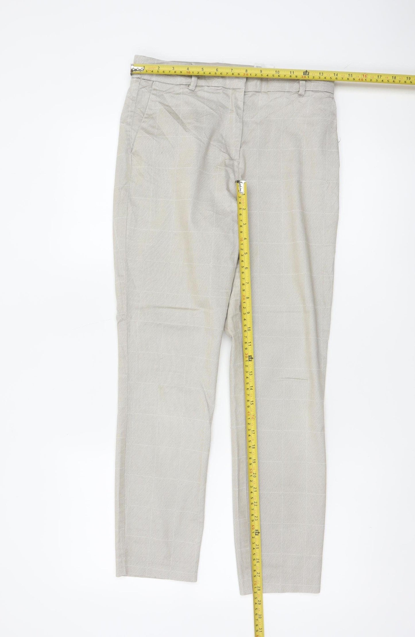H&M Women Beige Check Slim Tapered Cotton Blend Trousers UK 10