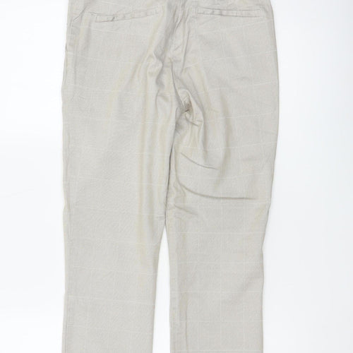 H&M Women Beige Check Slim Tapered Cotton Blend Trousers UK 10