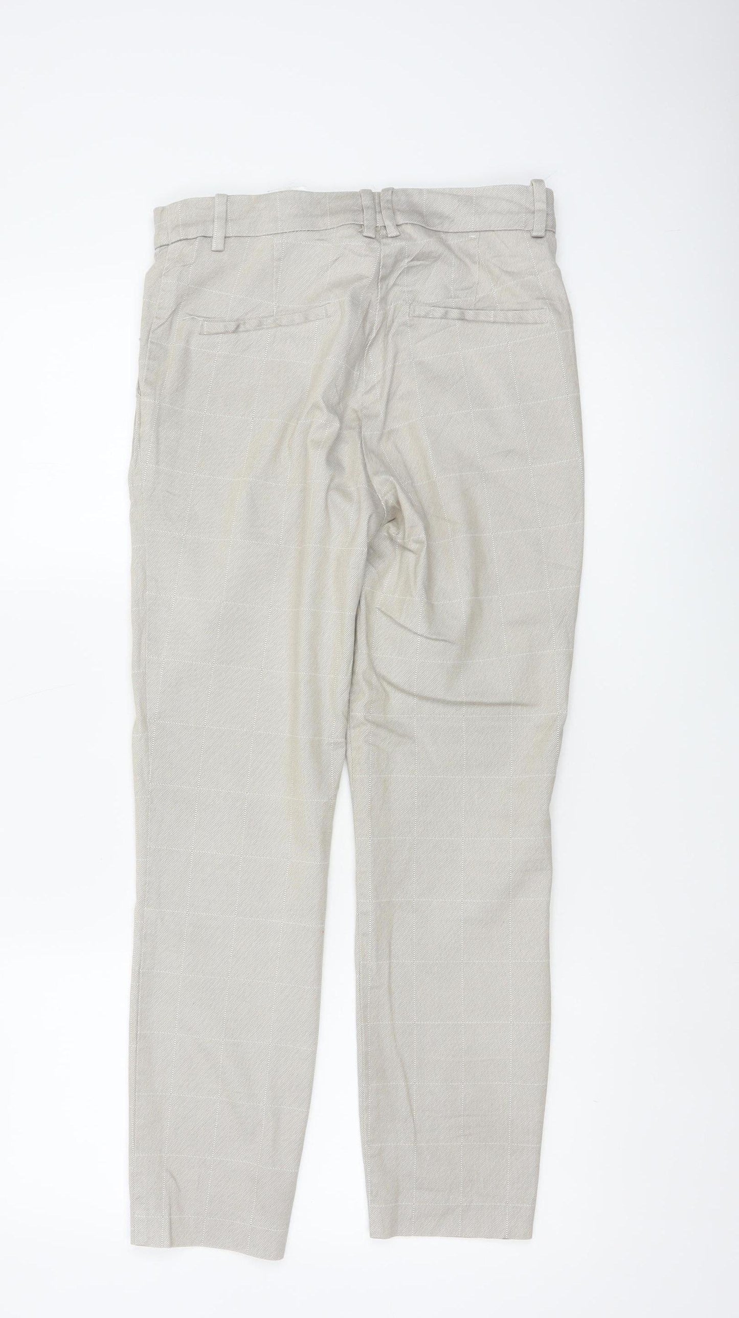 H&M Women Beige Check Slim Tapered Cotton Blend Trousers UK 10