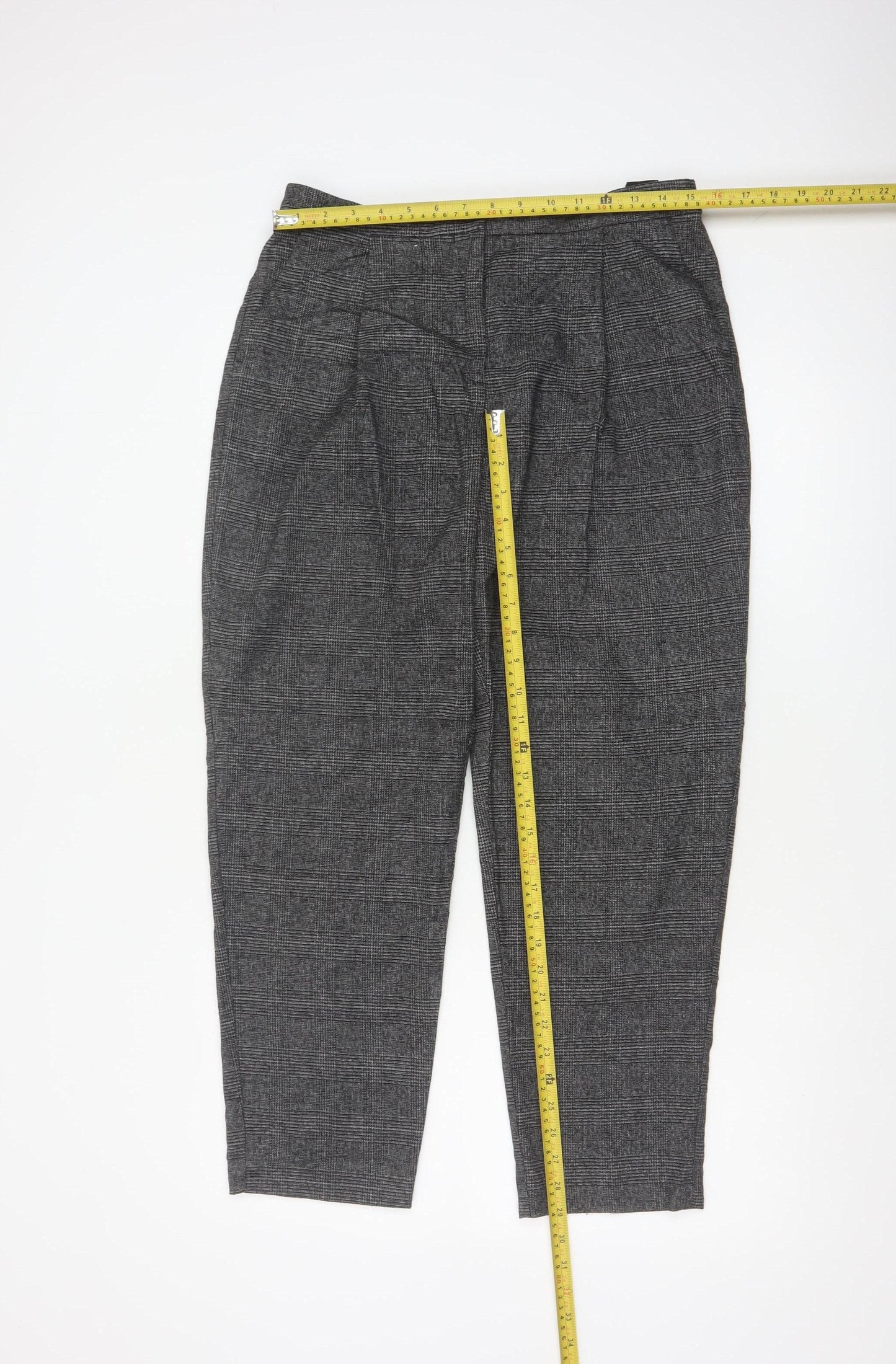 Monki Women Grey Check Tapered Trousers UK 12 Elastic Waist
