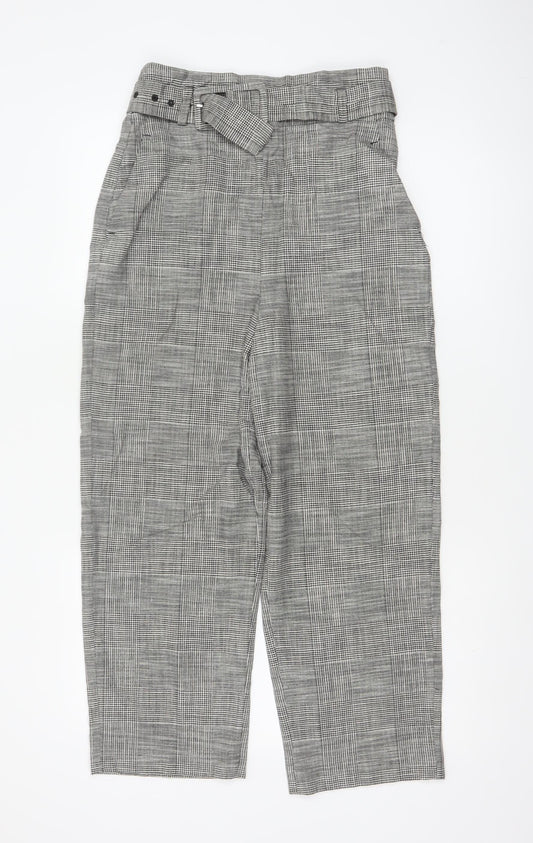 Zara Woman Women's Grey Check High Waist Belted Tapered Trousers S