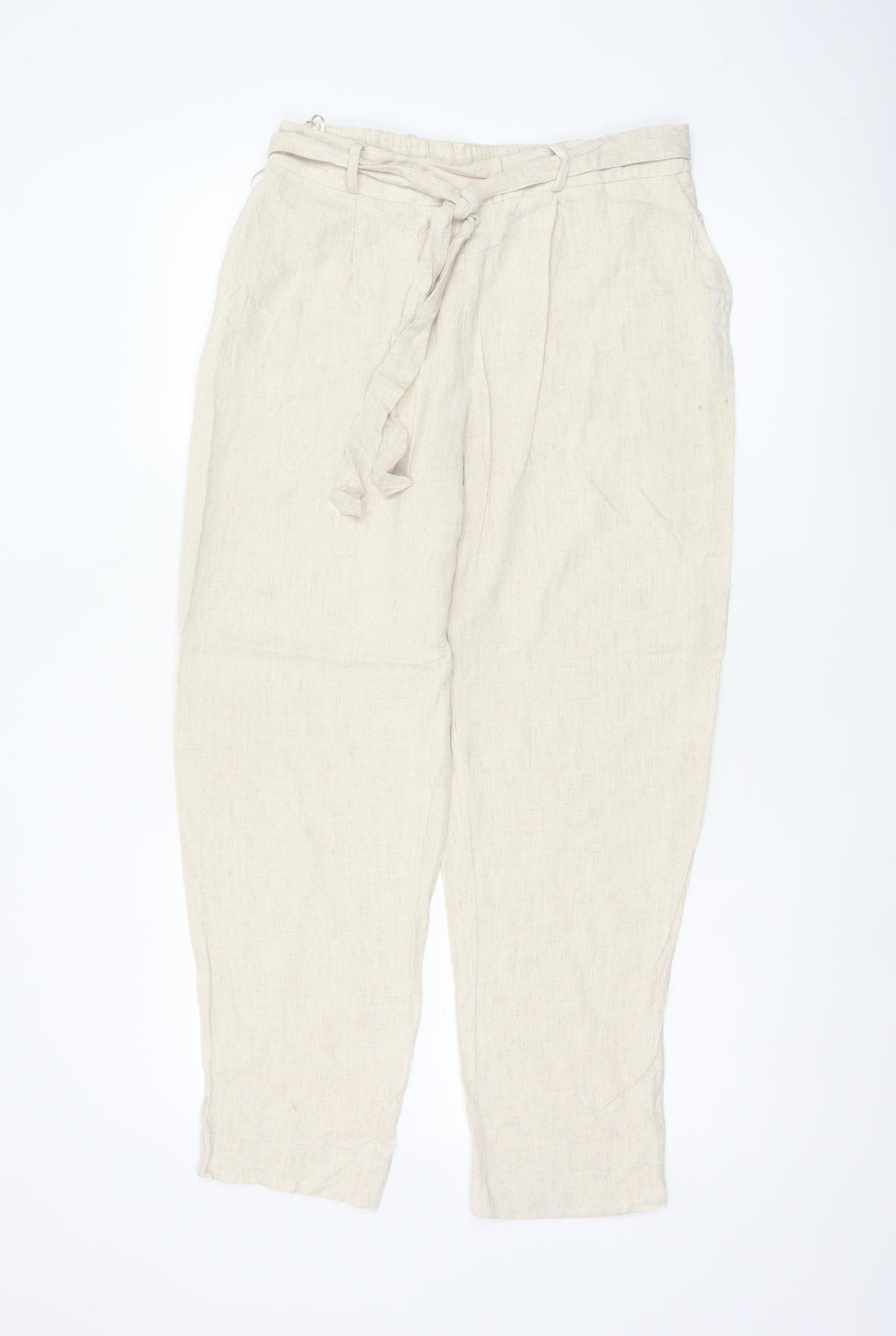 M&S Womens Ivory UK 14 Paperbag Tie Waist Tapered Viscose Trousers