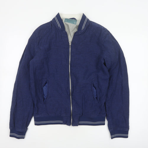 Zara Men Blue Linen Cotton Bomber Jacket Size L Full Zip