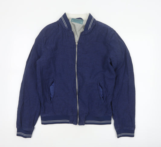 Zara Men Blue Linen Cotton Bomber Jacket Size L Full Zip