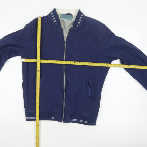 Zara Men Blue Linen Cotton Bomber Jacket Size L Full Zip