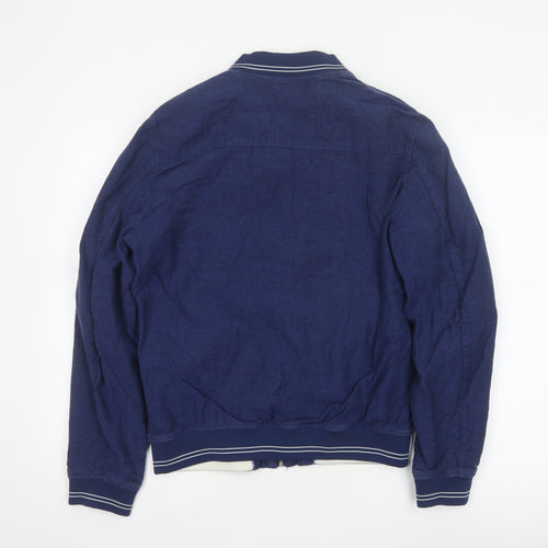 Zara Men Blue Linen Cotton Bomber Jacket Size L Full Zip