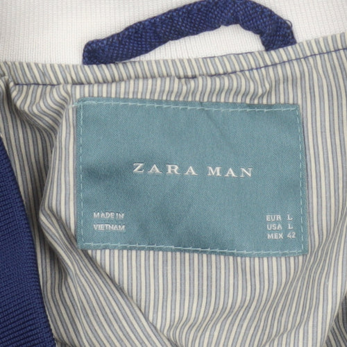 Zara Men Blue Linen Cotton Bomber Jacket Size L Full Zip