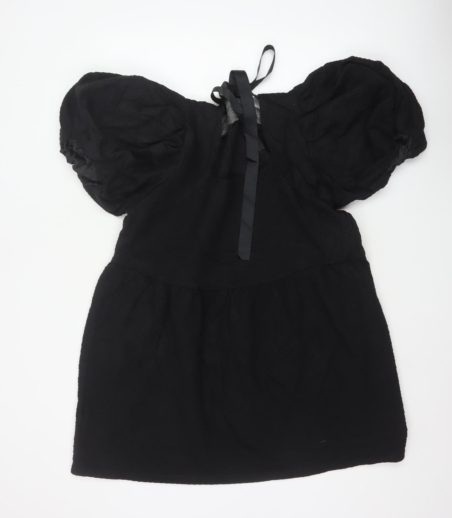 Topshop Women Black UK 16 Fit & Flare Puff Sleeve Lace-Up Dress