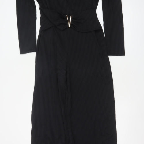 Quiz Women Black UK 18 Ribbed Wide-Leg Belted Keyhole Jumpsuit