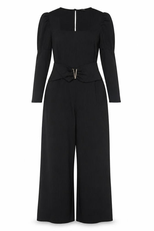 Quiz Women Black UK 18 Ribbed Wide-Leg Belted Keyhole Jumpsuit