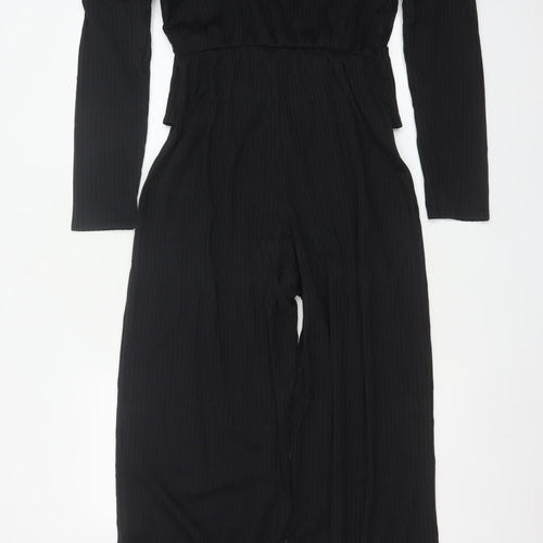 Quiz Women Black UK 18 Ribbed Wide-Leg Belted Keyhole Jumpsuit