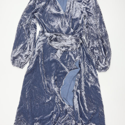 Per Una Women Blue UK 10 Velvet Midi Wrap Dress V-Neck Belted
